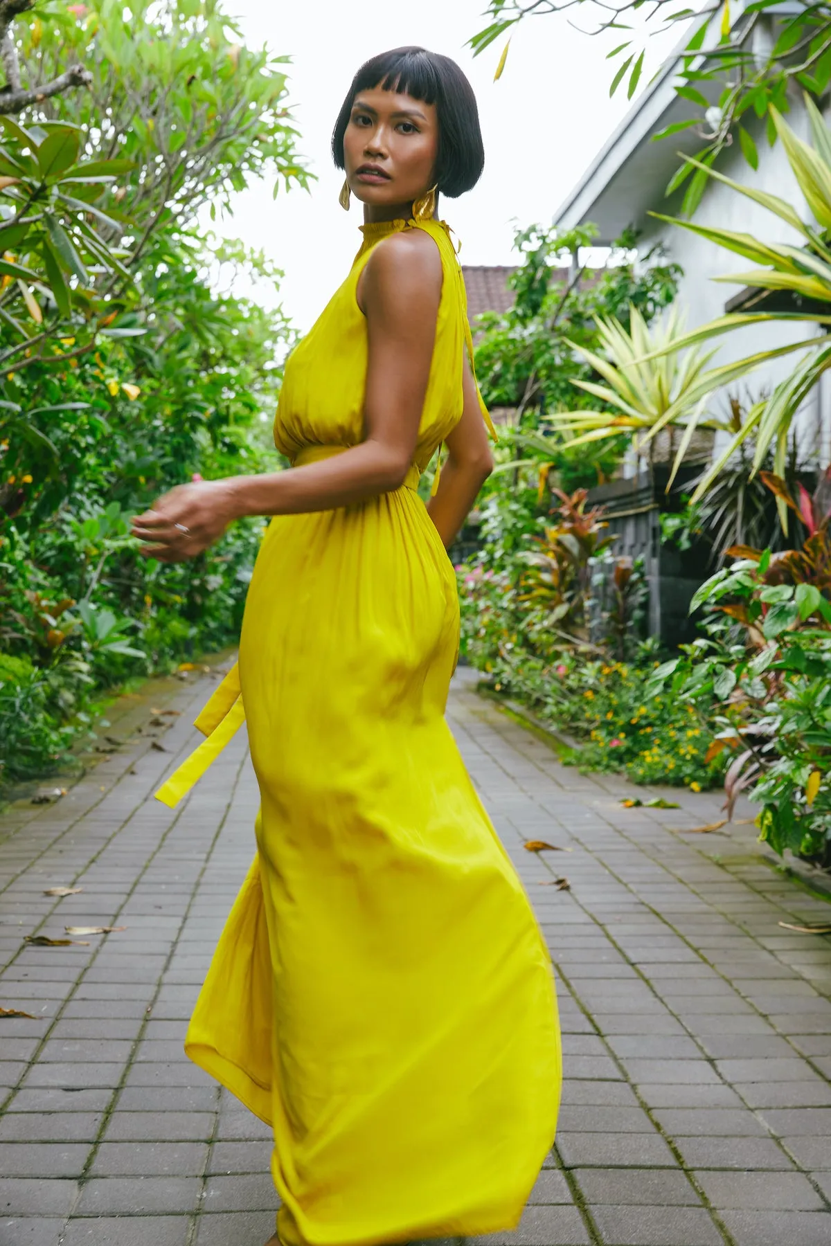 ASOKA long flowing lime yellow dress
