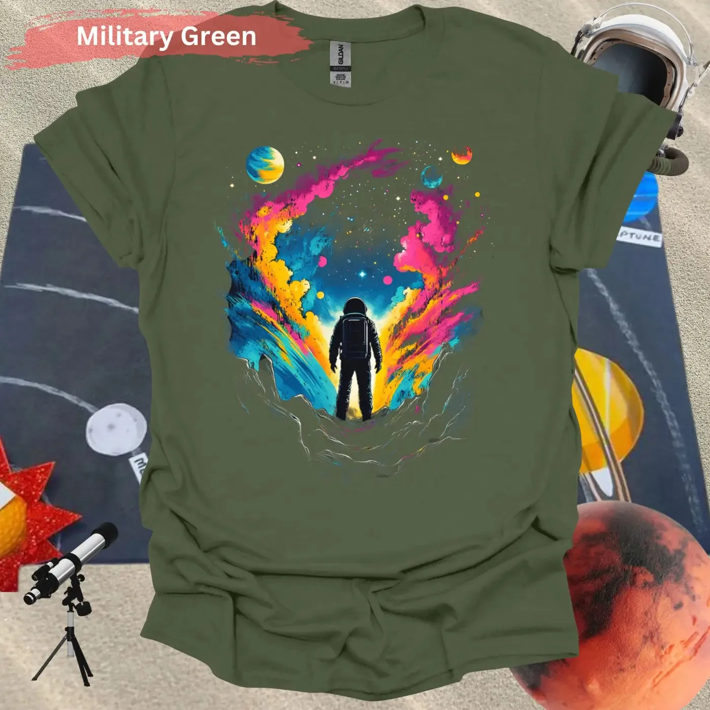 Astronaut in Colorful Cosmic Explosion T-shirt
