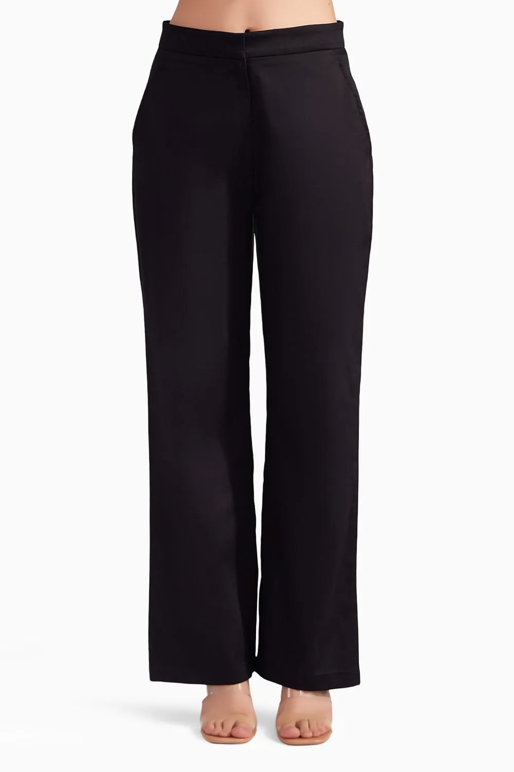 Black Cotton Satin Straight Pants
