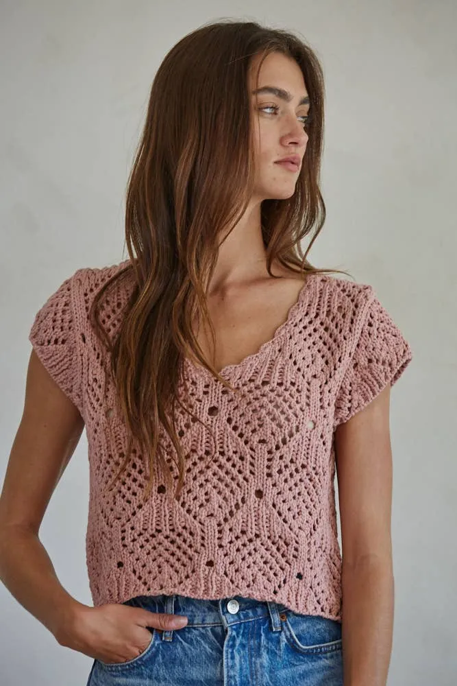 By Together Cotton Crochet V Neck Cap Sleeve Sweater