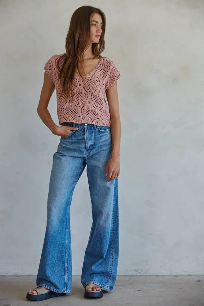 By Together Cotton Crochet V Neck Cap Sleeve Sweater