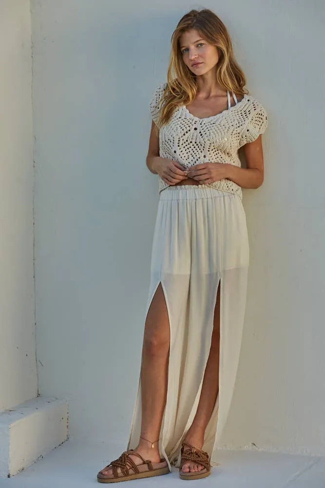 By Together Cotton Crochet V Neck Cap Sleeve Sweater