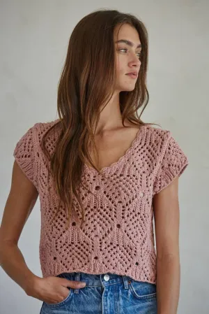 By Together Cotton Crochet V Neck Cap Sleeve Sweater