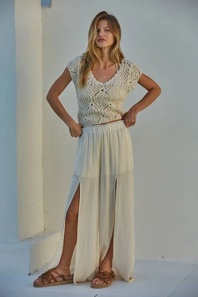 By Together Cotton Crochet V Neck Cap Sleeve Sweater