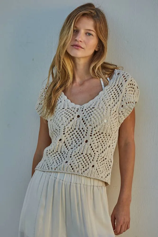 By Together Cotton Crochet V Neck Cap Sleeve Sweater