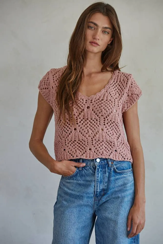 By Together Cotton Crochet V Neck Cap Sleeve Sweater