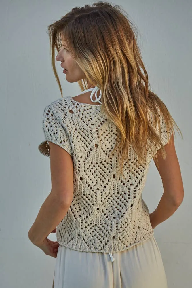 By Together Cotton Crochet V Neck Cap Sleeve Sweater