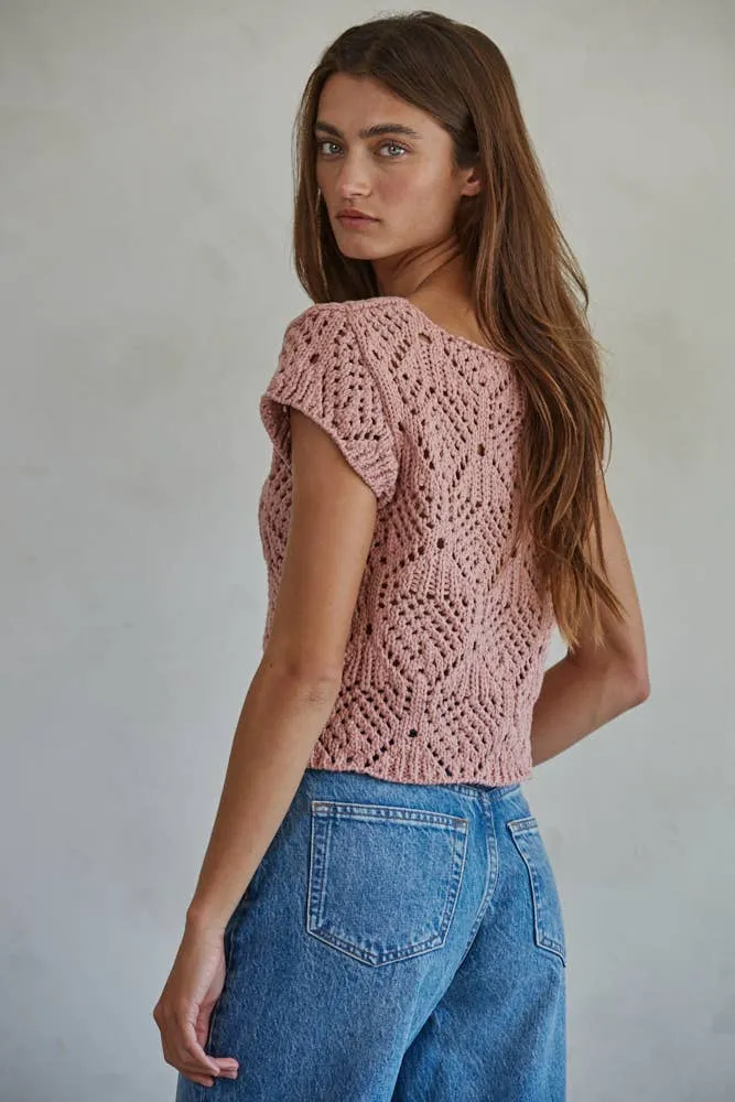 By Together Cotton Crochet V Neck Cap Sleeve Sweater