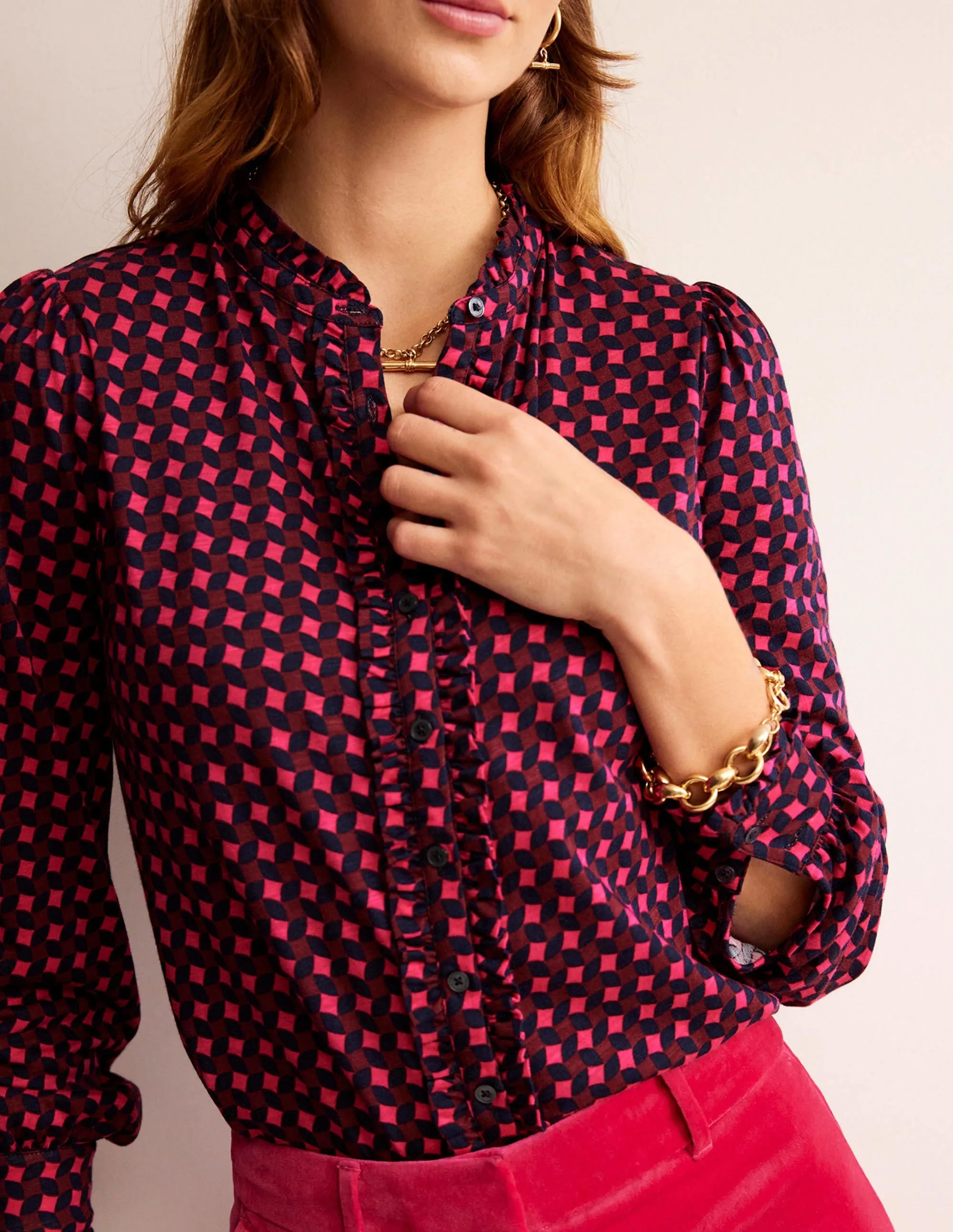 Caroline Jersey Shirt-Vibrant Pink, Abstract Diamond