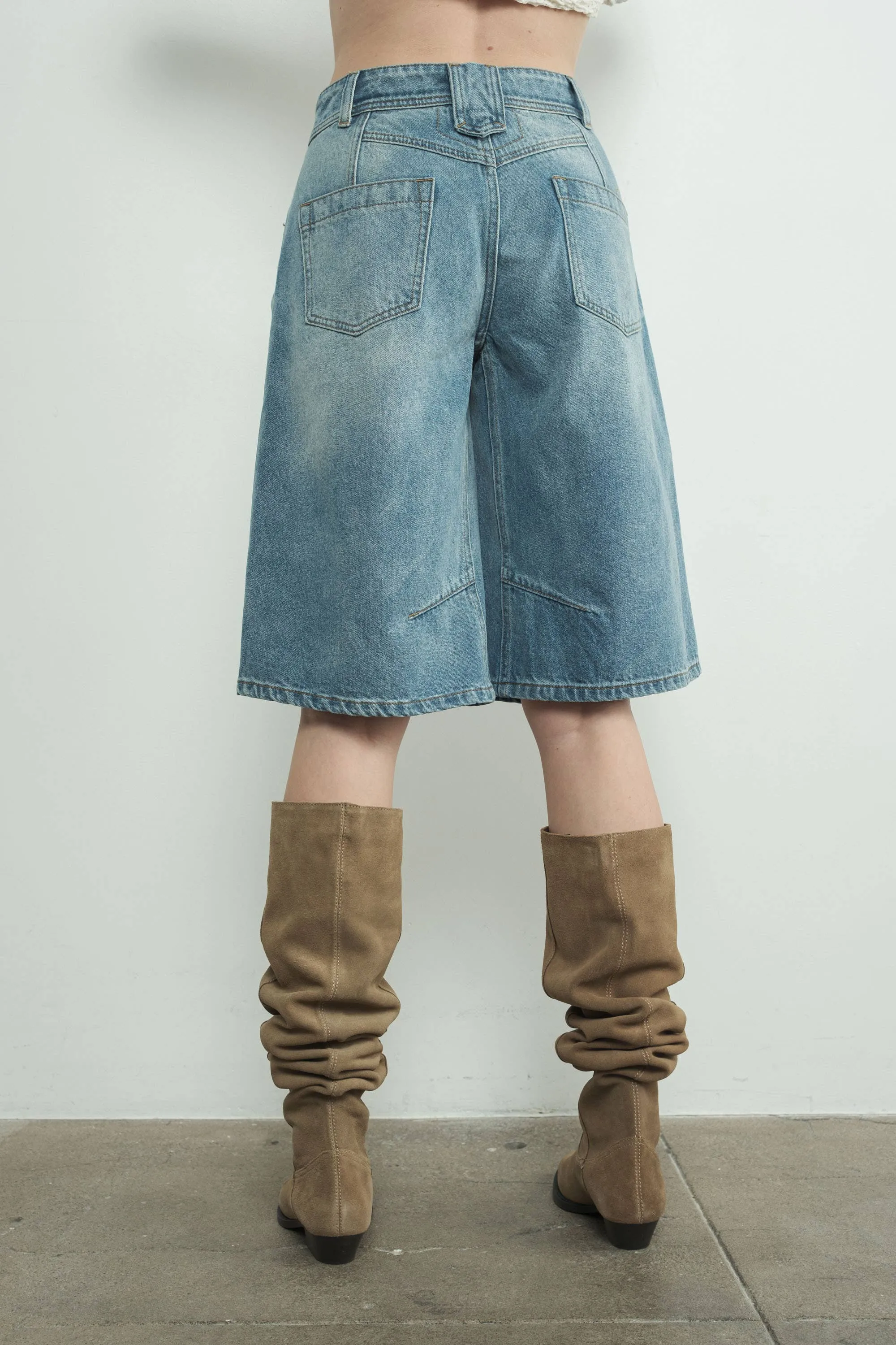 Denim Bermuda Shorts with Yoke Seam
