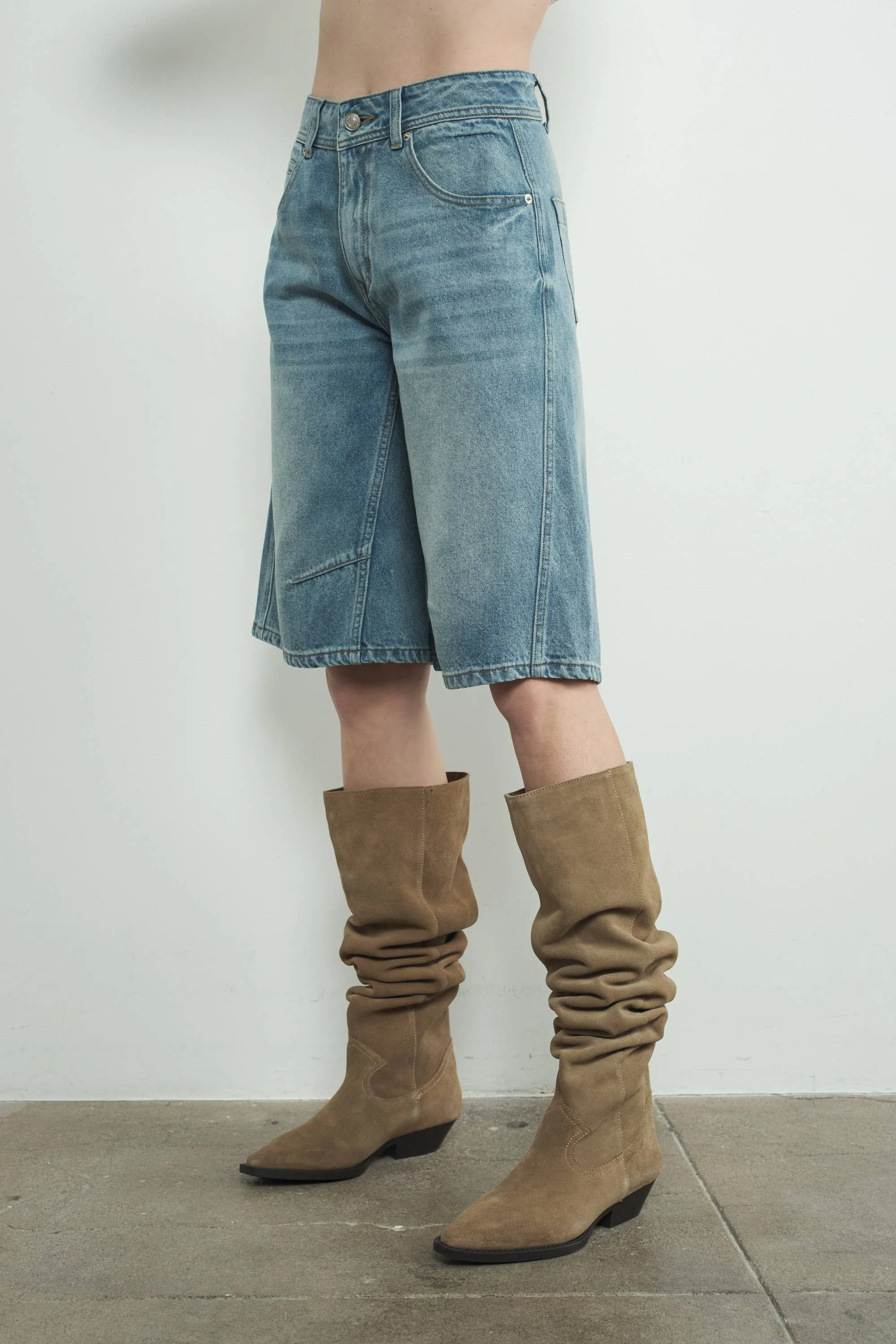 Denim Bermuda Shorts with Yoke Seam