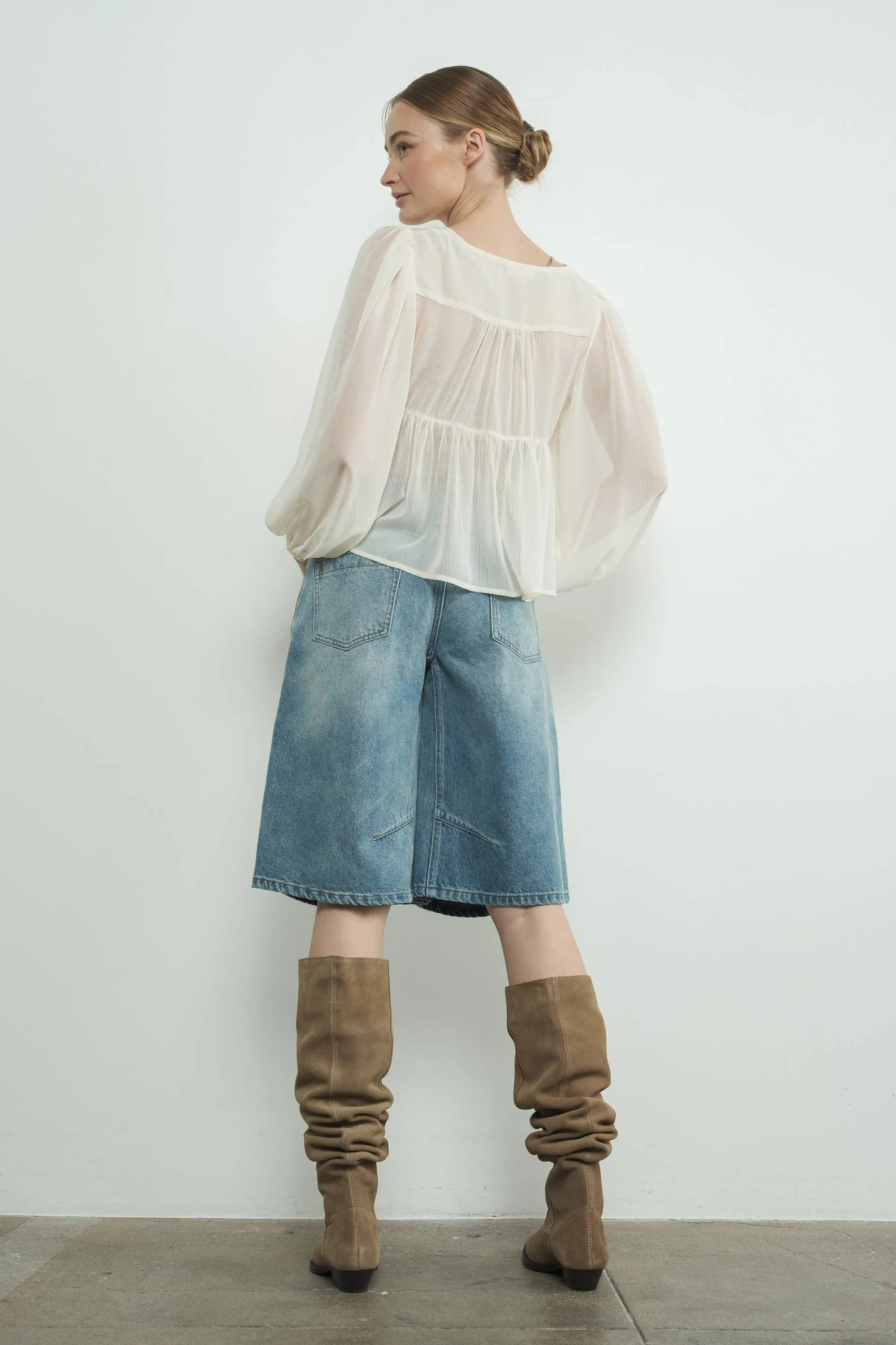 Denim Bermuda Shorts with Yoke Seam
