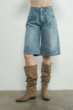 Denim Bermuda Shorts with Yoke Seam