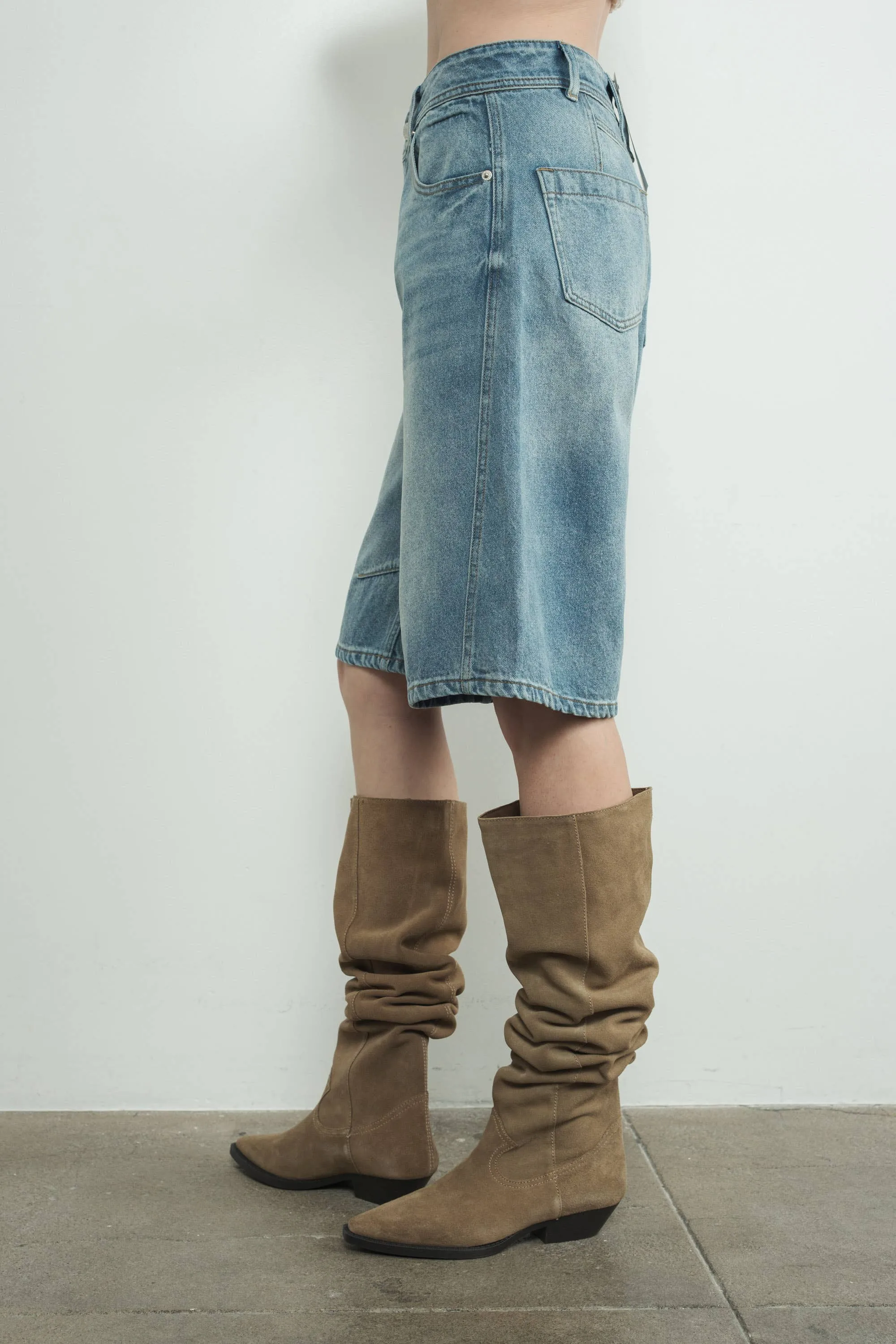 Denim Bermuda Shorts with Yoke Seam