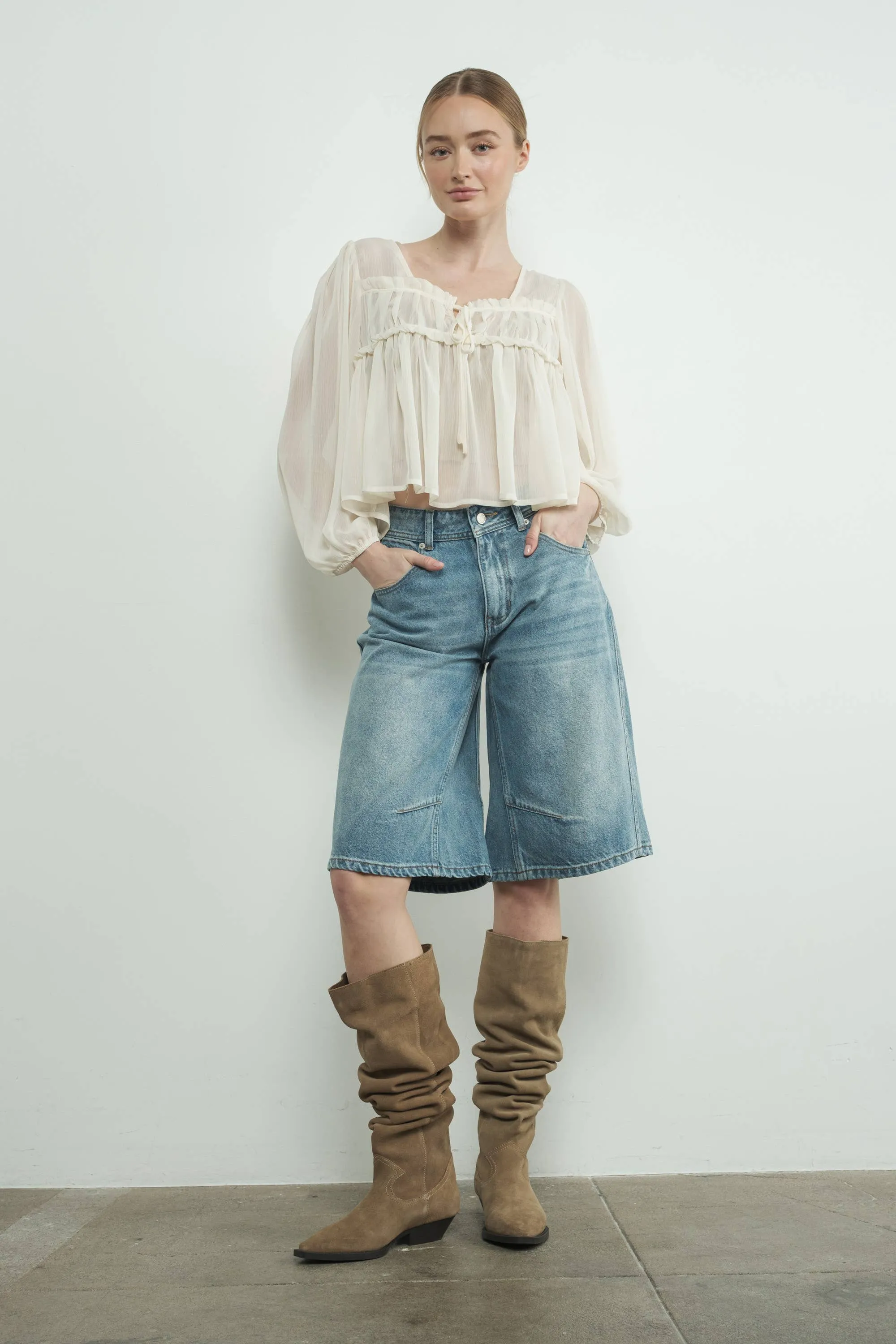 Denim Bermuda Shorts with Yoke Seam