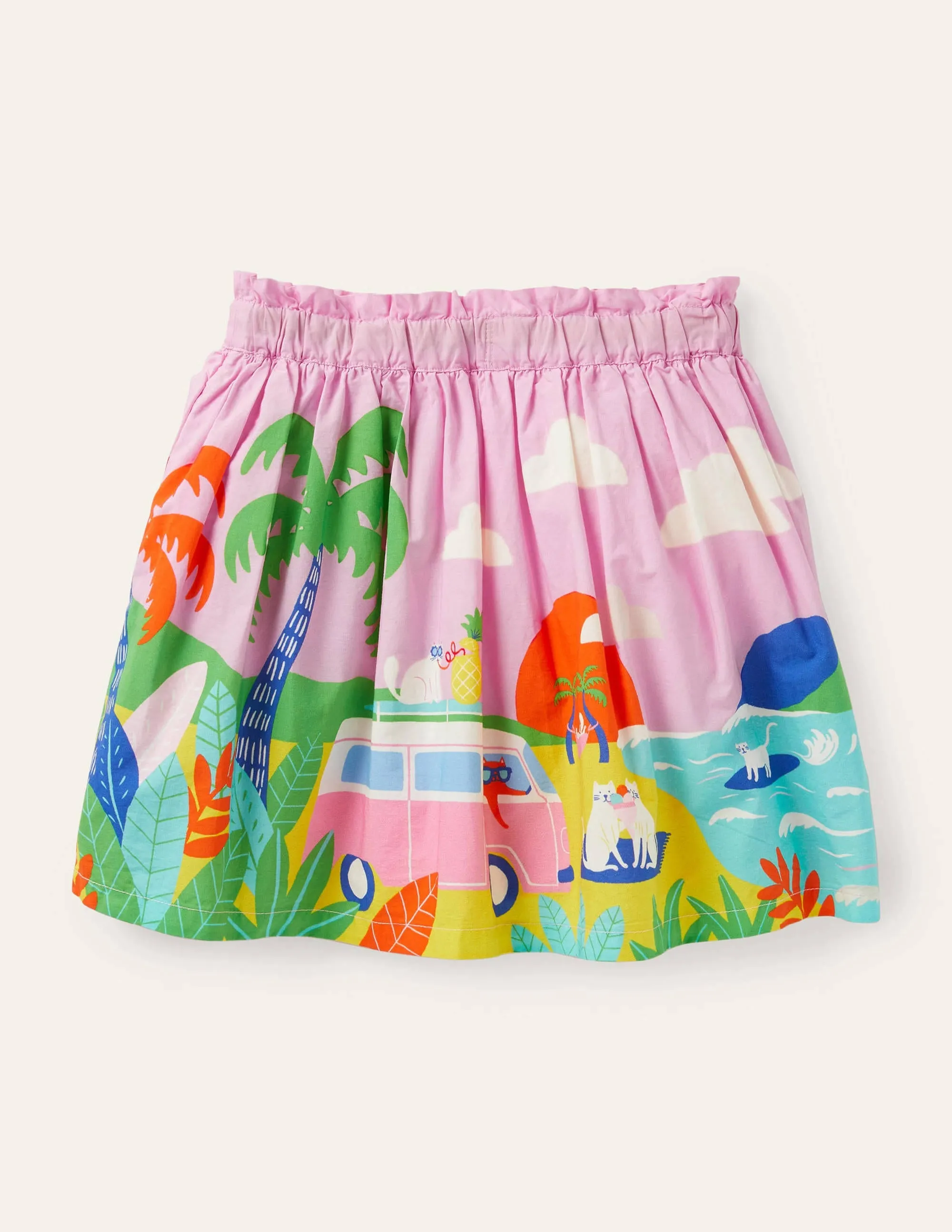 Fun Printed Scene Skirt-Plum Blossom Pink Holiday Cats