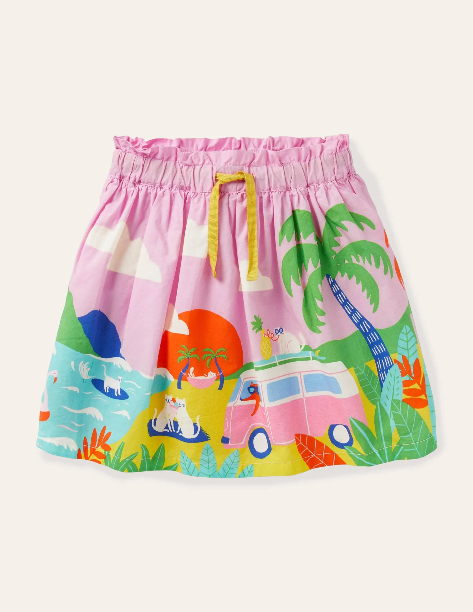 Fun Printed Scene Skirt-Plum Blossom Pink Holiday Cats
