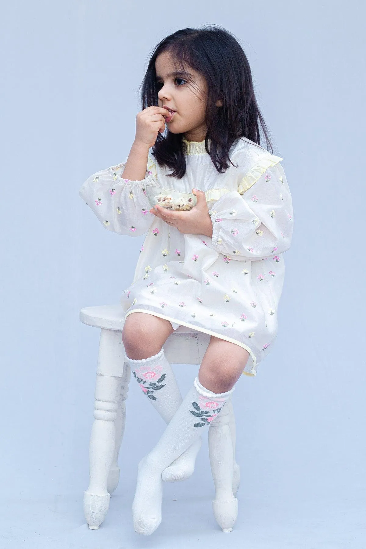 Girls Full Sleeves Embroidery Party  Dress  - Offwhite
