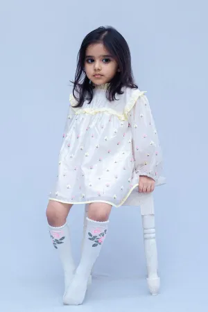 Girls Full Sleeves Embroidery Party  Dress  - Offwhite