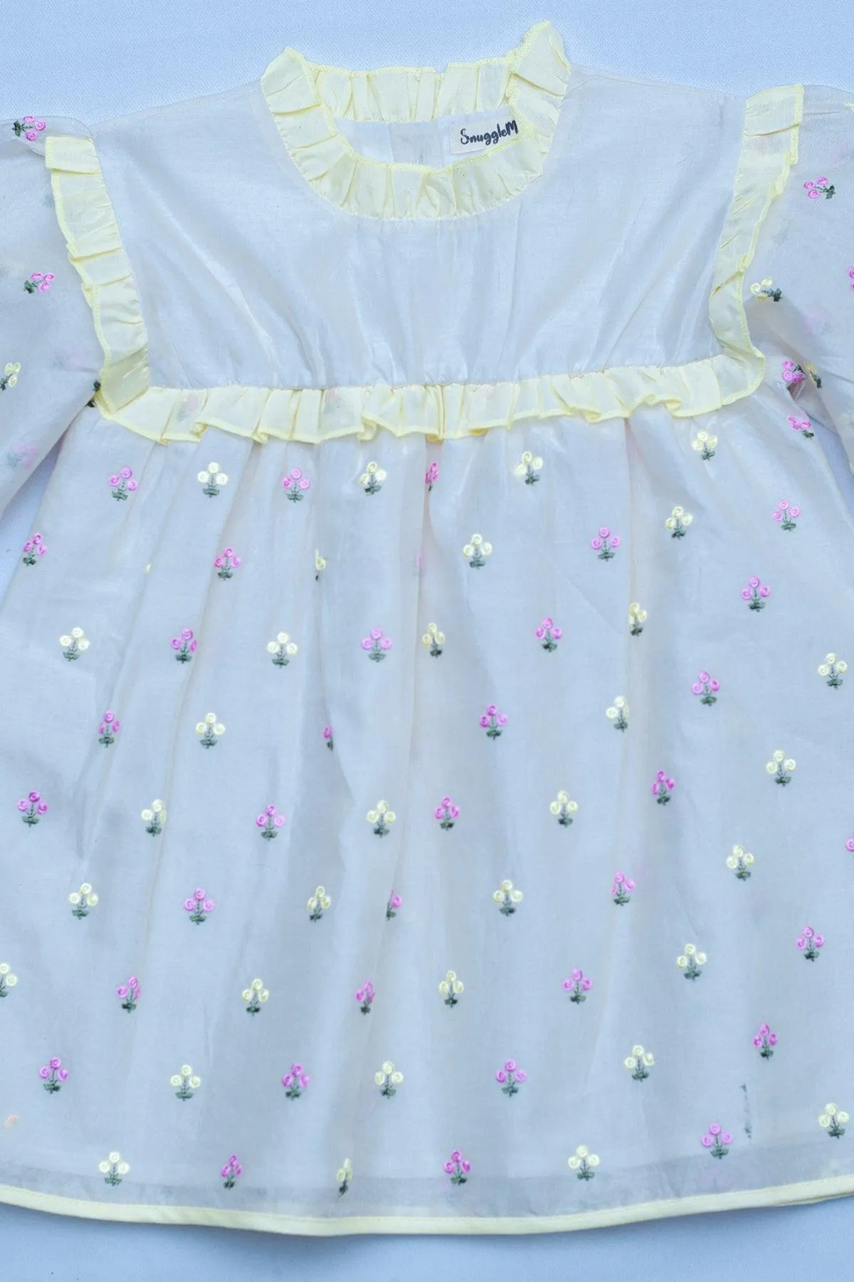 Girls Full Sleeves Embroidery Party  Dress  - Offwhite