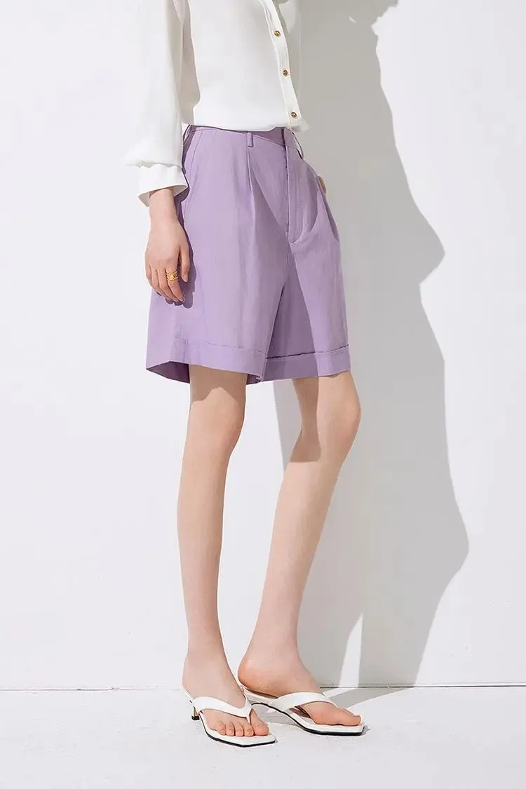 High Waist Linen Bermuda Shorts