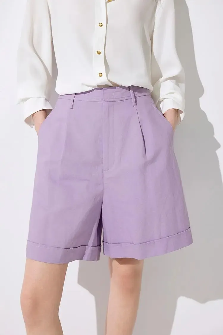 High Waist Linen Bermuda Shorts