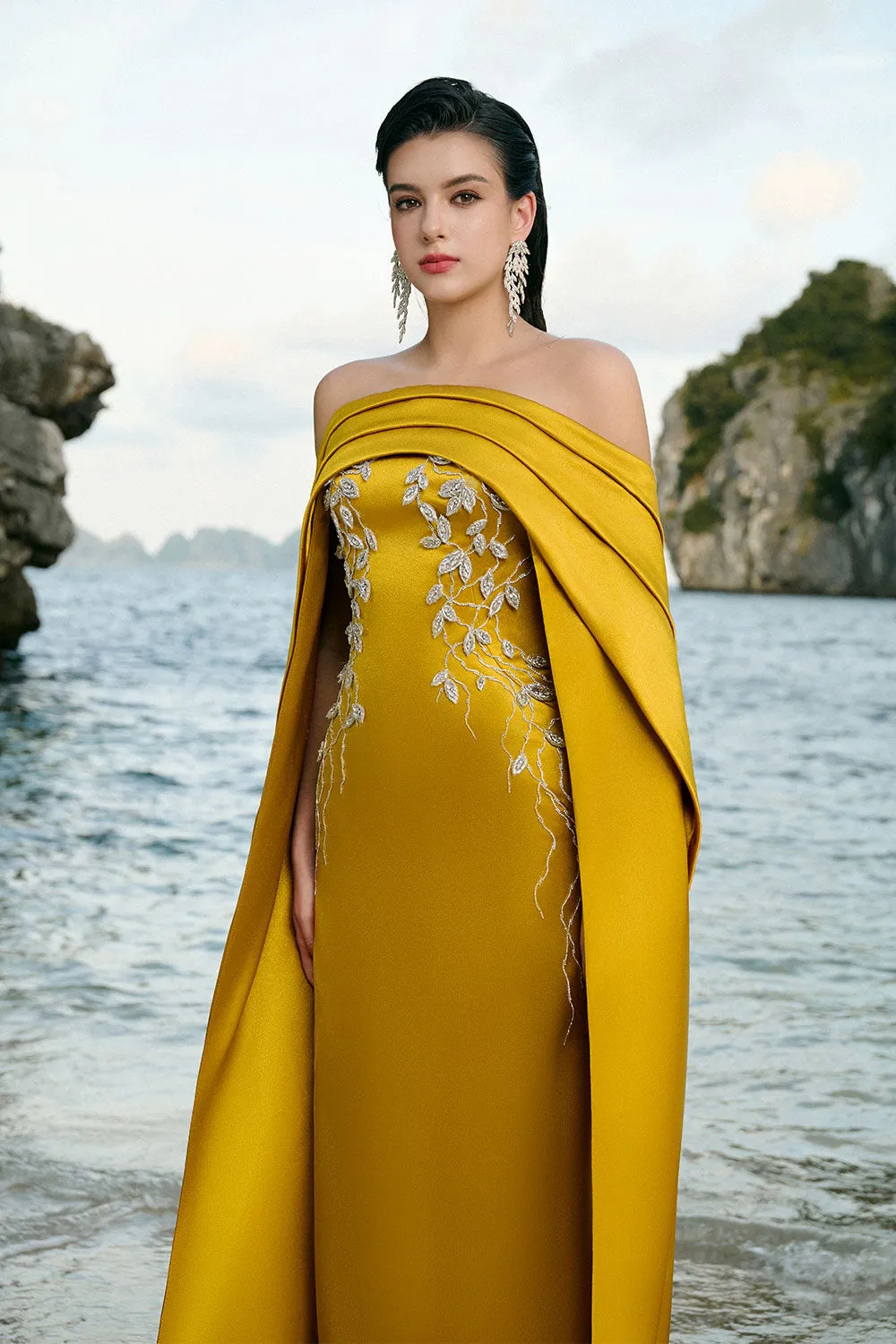 Juliet Cape Off-Shoulder Duchess Satin Floor Length Dress