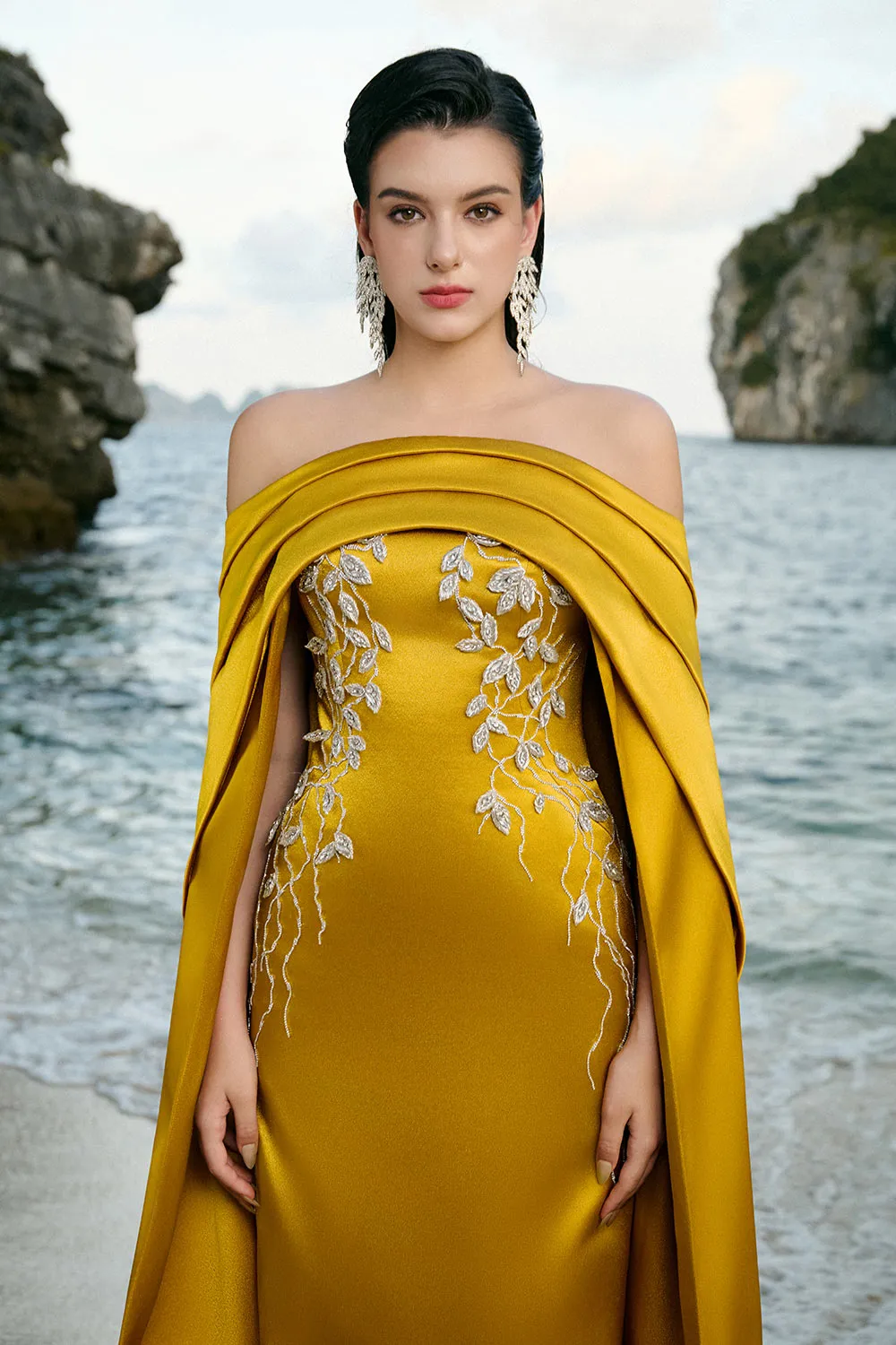 Juliet Cape Off-Shoulder Duchess Satin Floor Length Dress