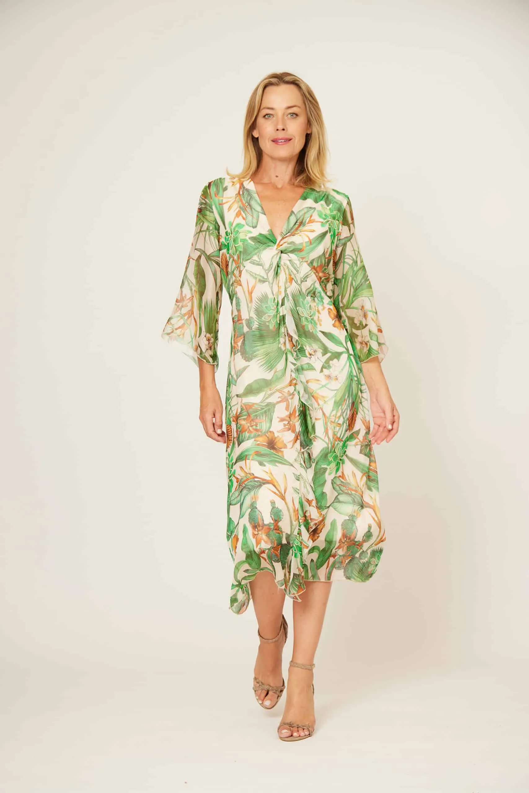 Knotted and Frilled Dress - Multi Cream/Green/Brown