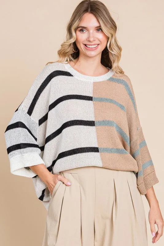 Large-Color Block Stripe Knit Pullover