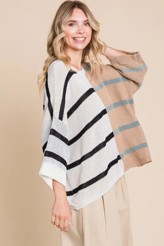 Large-Color Block Stripe Knit Pullover