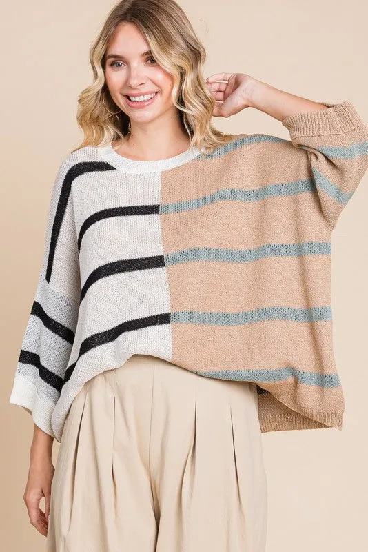 Large-Color Block Stripe Knit Pullover