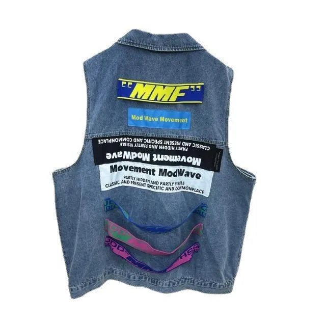 MB FASHION Oversized Dark-Wash Denim Vest Patches G00LY