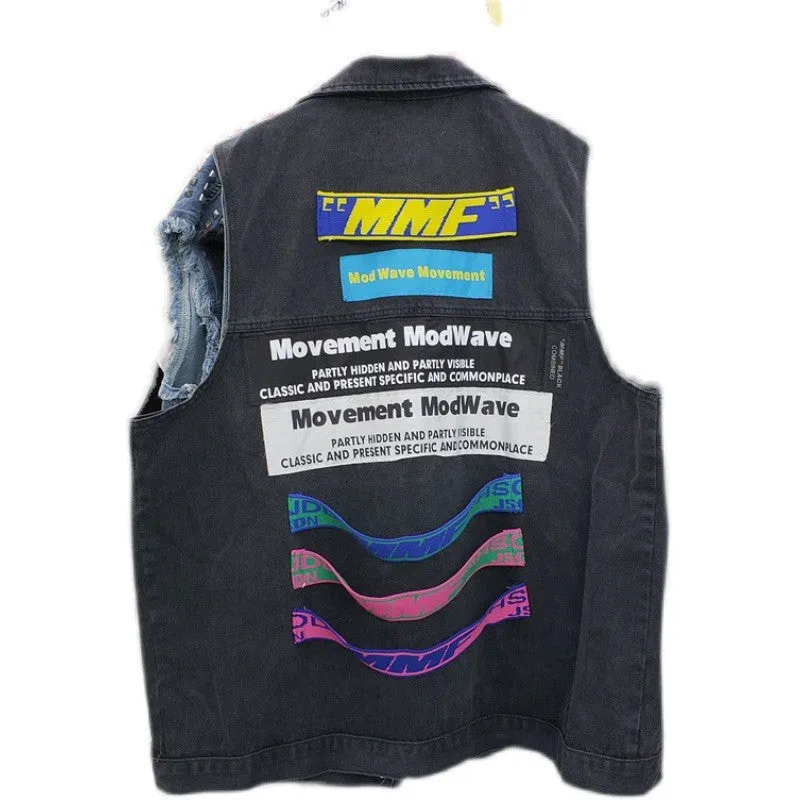 MB FASHION Oversized Dark-Wash Denim Vest Patches G00LY