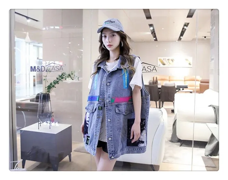MB FASHION Oversized Dark-Wash Denim Vest Patches G00LY