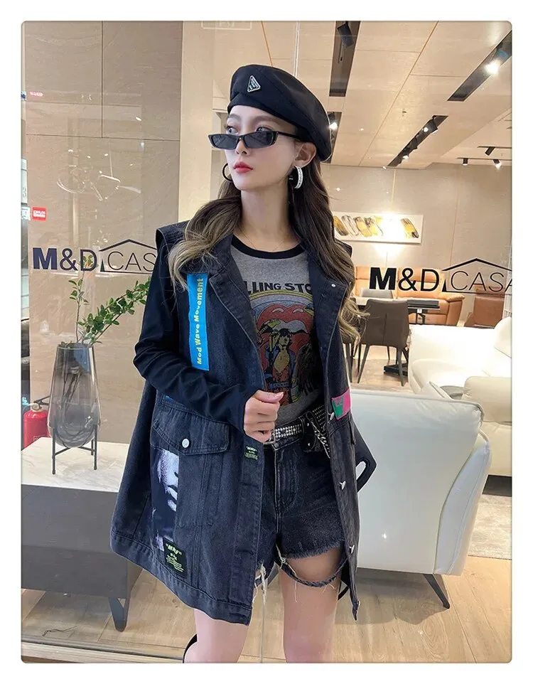 MB FASHION Oversized Dark-Wash Denim Vest Patches G00LY