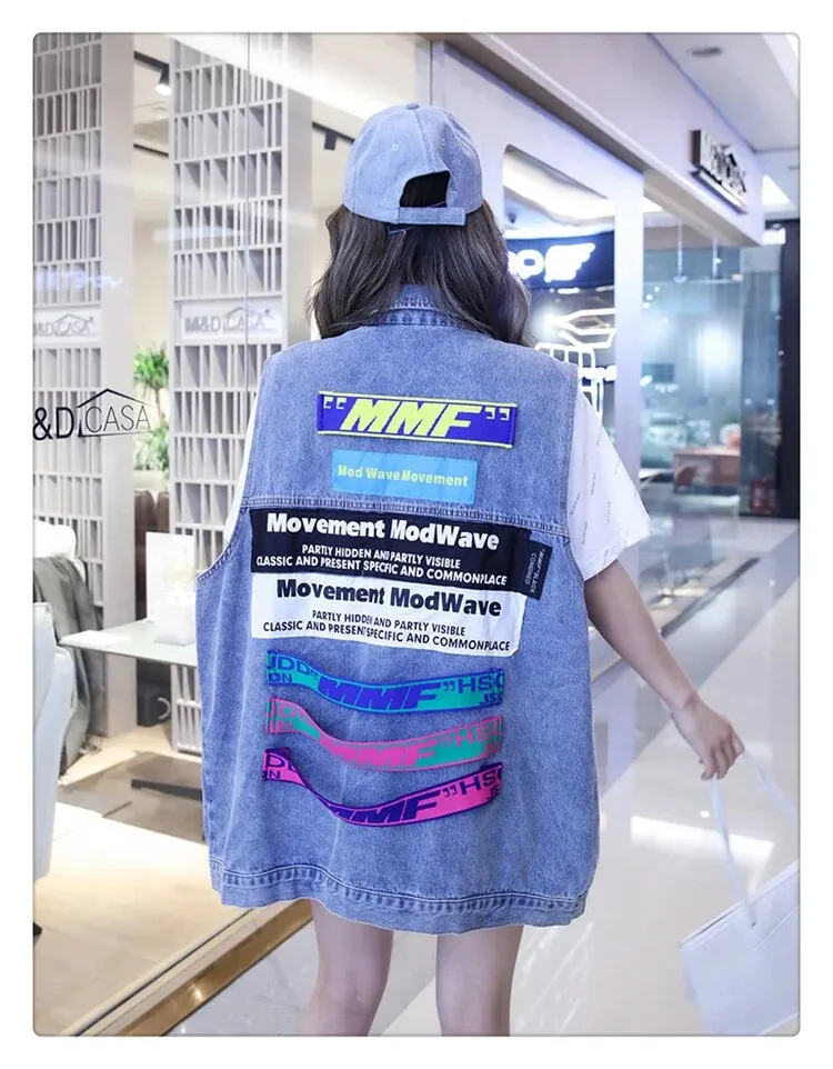 MB FASHION Oversized Dark-Wash Denim Vest Patches G00LY
