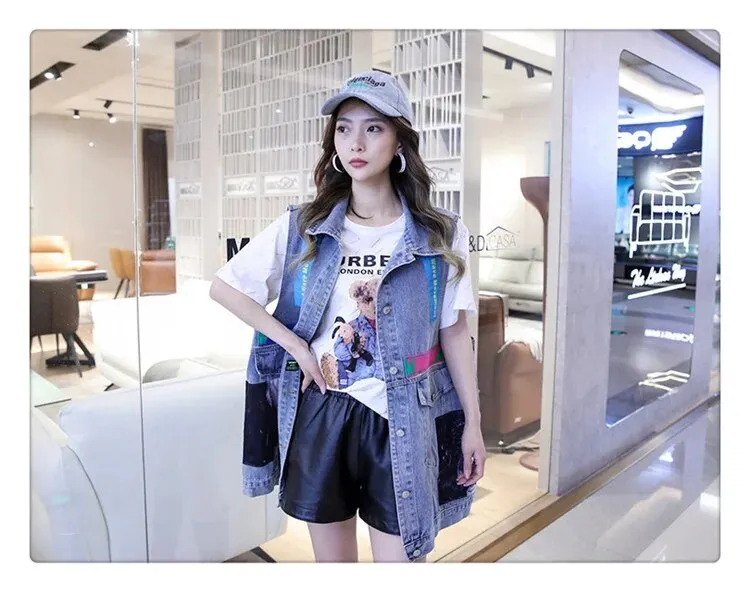 MB FASHION Oversized Dark-Wash Denim Vest Patches G00LY