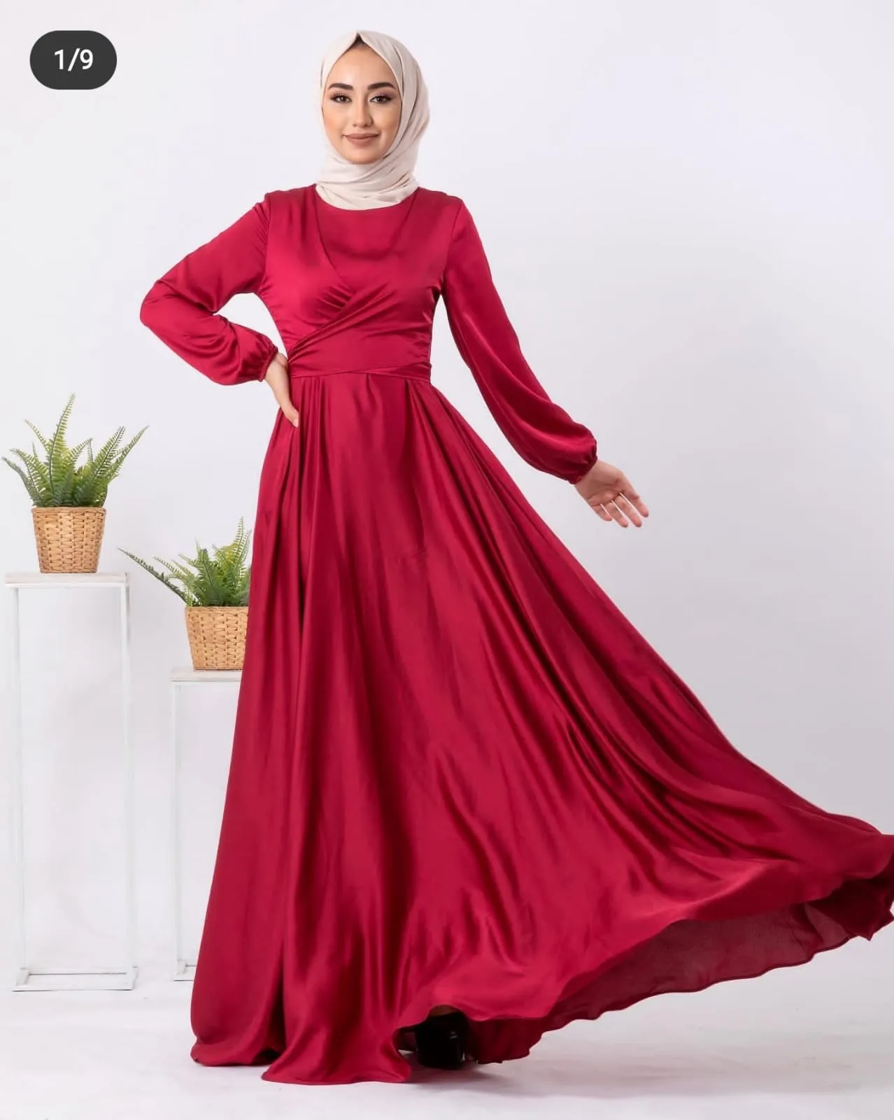 Modest Silky Maxi Dress with Long Sleeves and Flowing Skirt