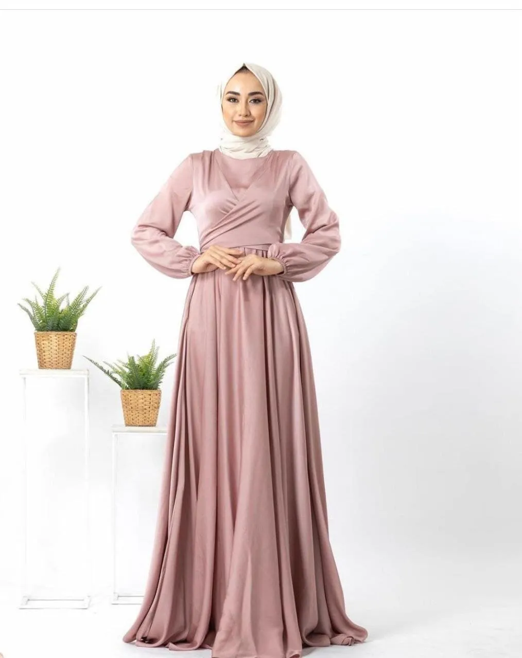 Modest Silky Maxi Dress with Long Sleeves and Flowing Skirt