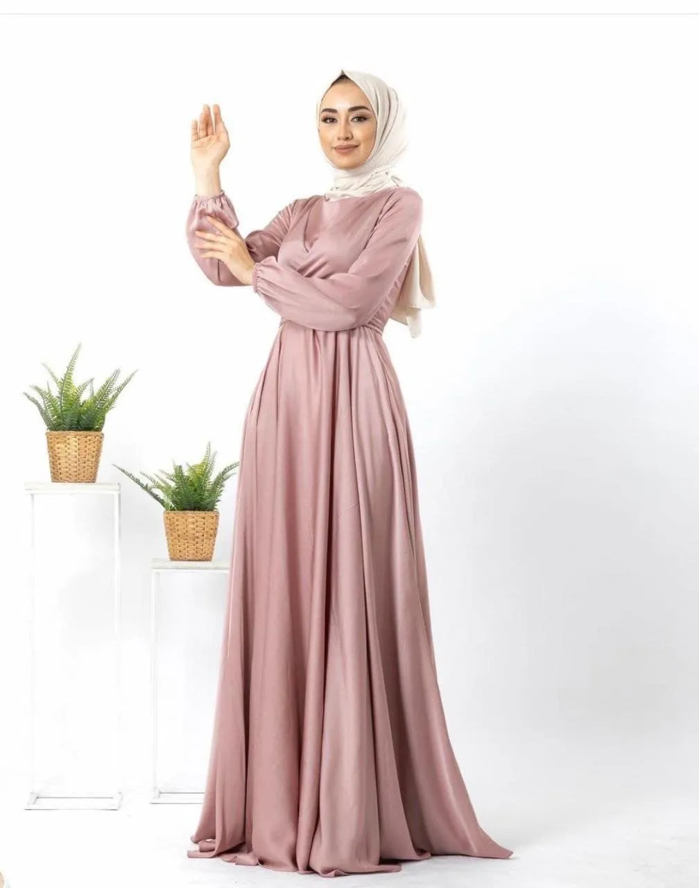 Modest Silky Maxi Dress with Long Sleeves and Flowing Skirt