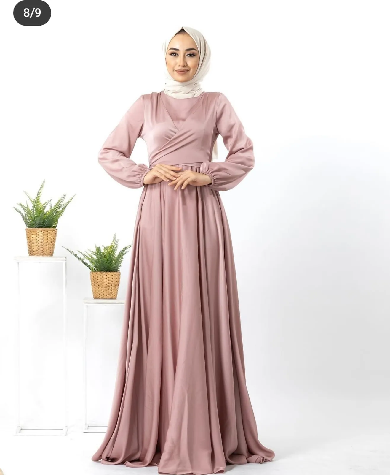 Modest Silky Maxi Dress with Long Sleeves and Flowing Skirt