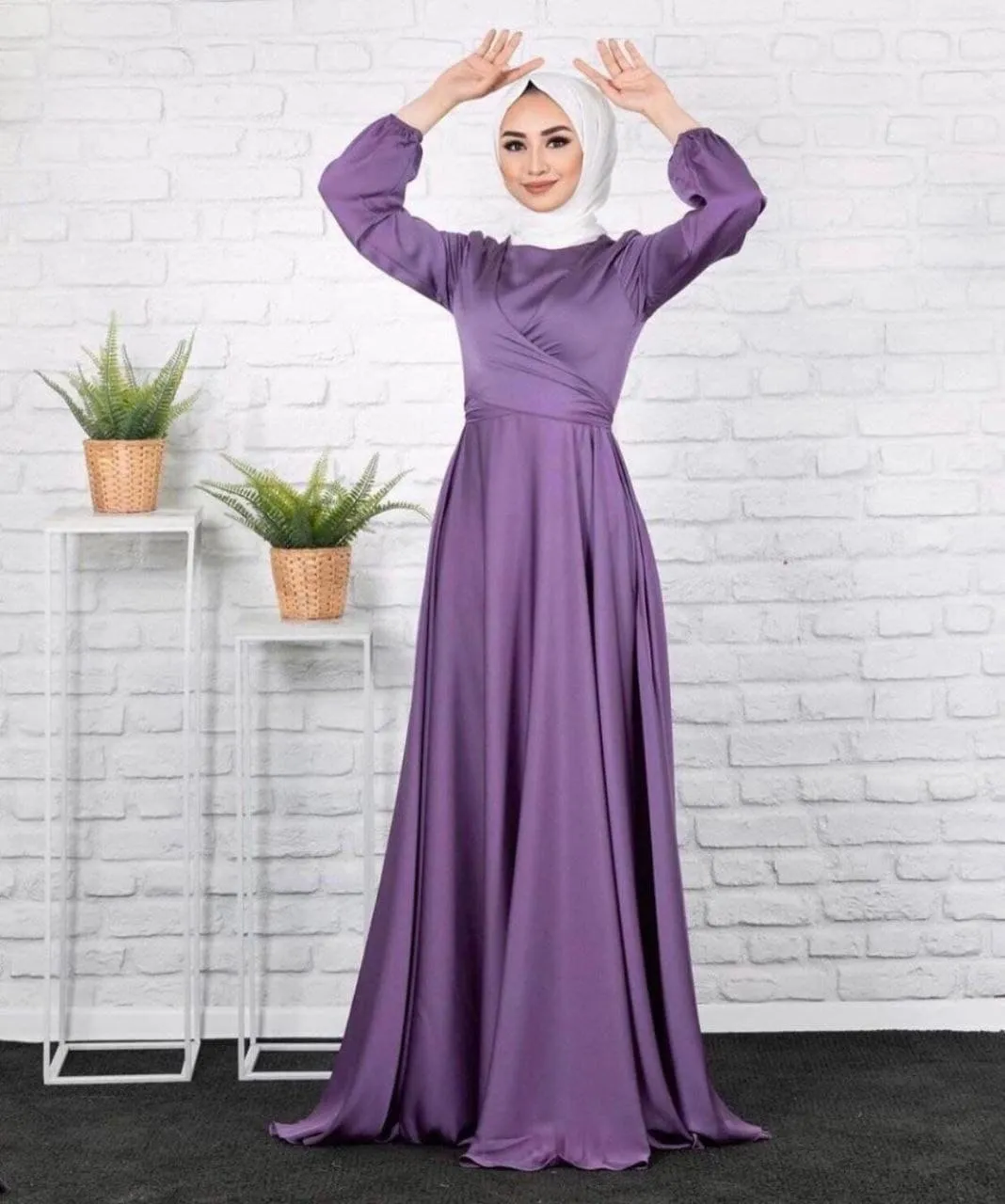 Modest Silky Maxi Dress with Long Sleeves and Flowing Skirt