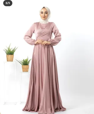 Modest Silky Maxi Dress with Long Sleeves and Flowing Skirt