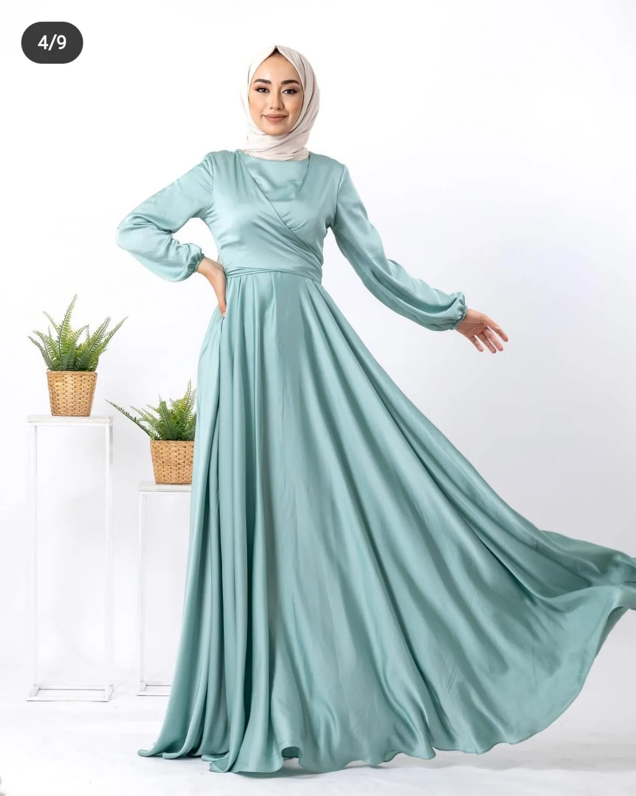 Modest Silky Maxi Dress with Long Sleeves and Flowing Skirt