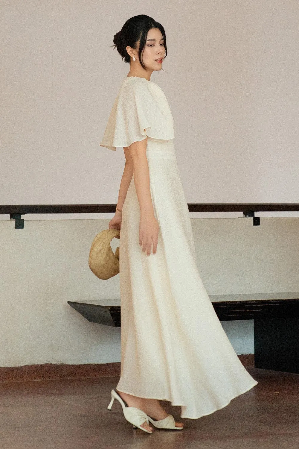 Olivia A-line Cape Sleeved Tussah Silk Maxi Dress
