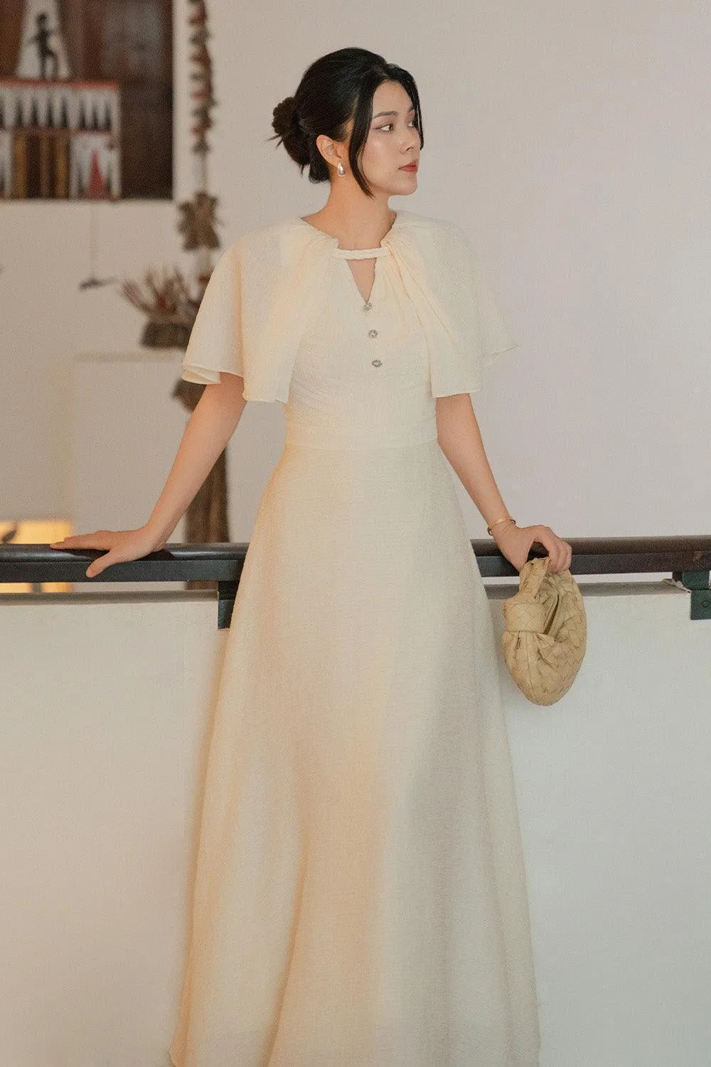 Olivia A-line Cape Sleeved Tussah Silk Maxi Dress