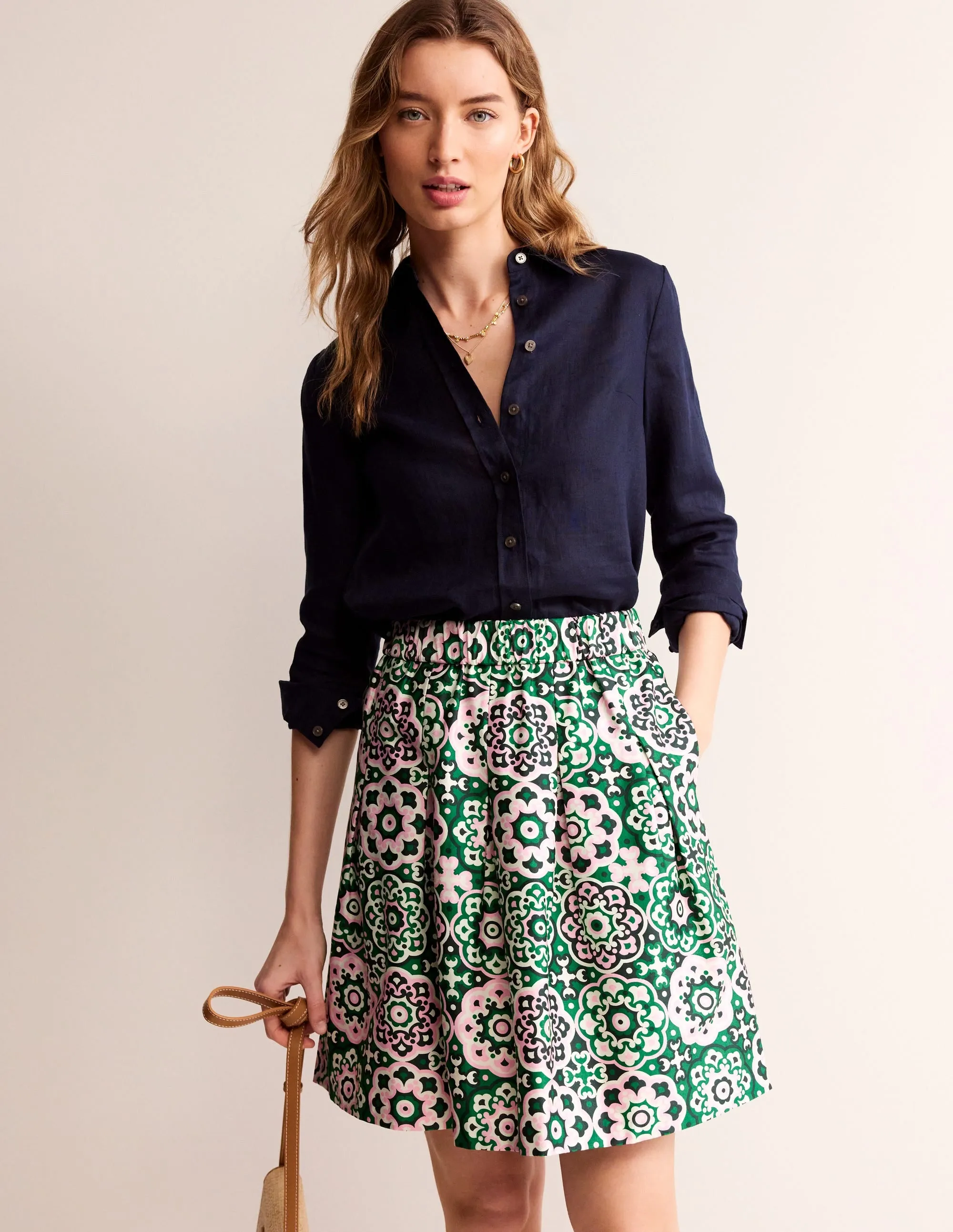 Pleated Cotton Skirt-Green Tambourine, Artisian Geo