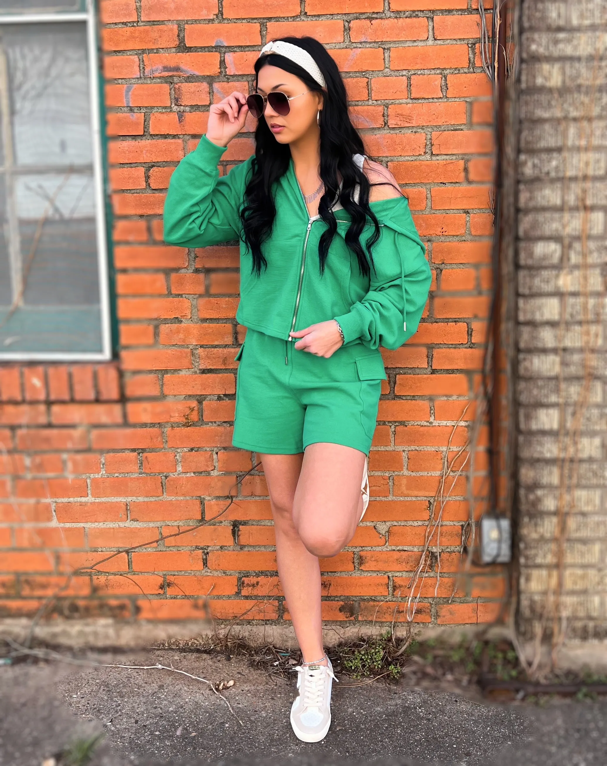 Relaxed Fit Waffle Cargo Shorts Kelly Green