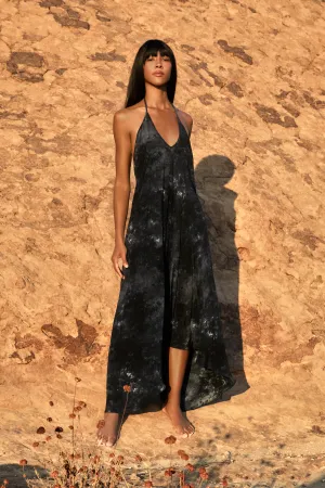 Rhodes in Tie-Dye Silk Print in Charcoal/Black